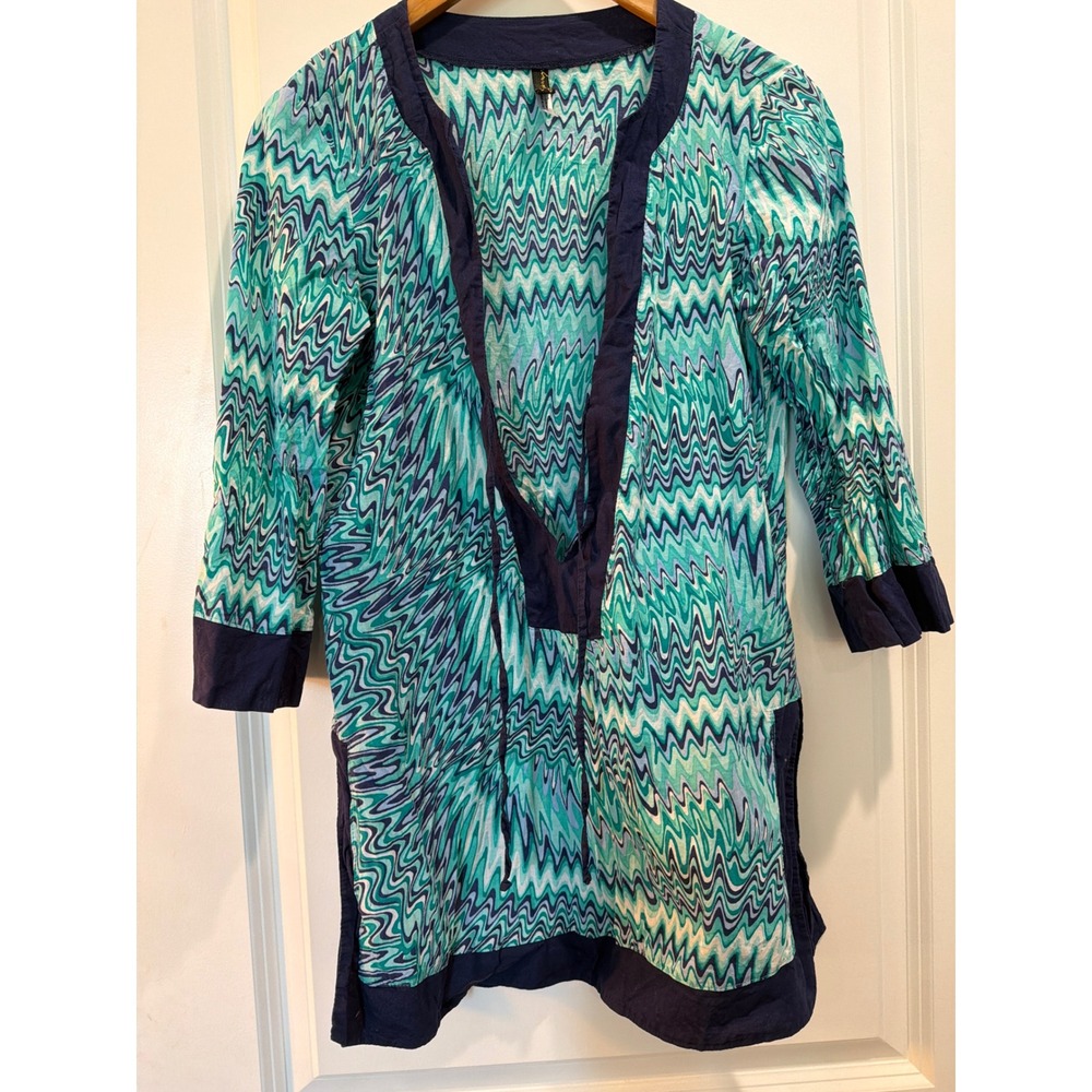 Hermanny by Vix Teal Navy Zigzag Cotton Tunic Beach Cover Up Y9K380